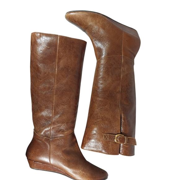 STEVE MADDEN! PECAN BROWN WEATHERED LOOK GENUINE LEATHER WEDGE HEELS BOOTS!SZ 8M - Picture 7 of 12